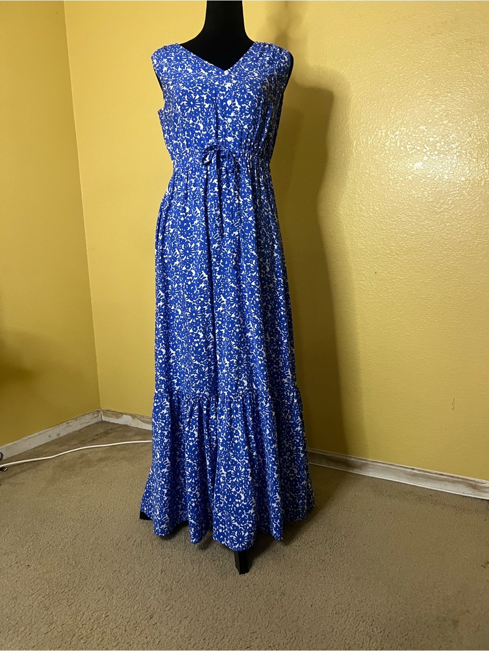 Sonoma Royal Blue Floral Tie-Waist Maxi Dress